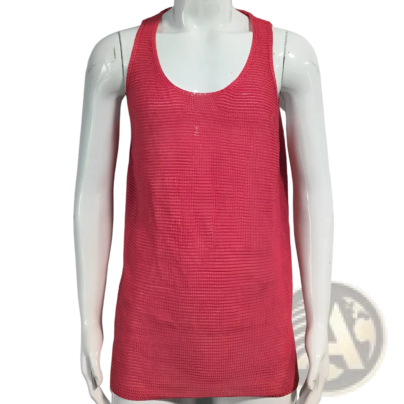A vibrant coral-colored ribbed knit scoop neck sleeveless vest displayed on a mannequin for men