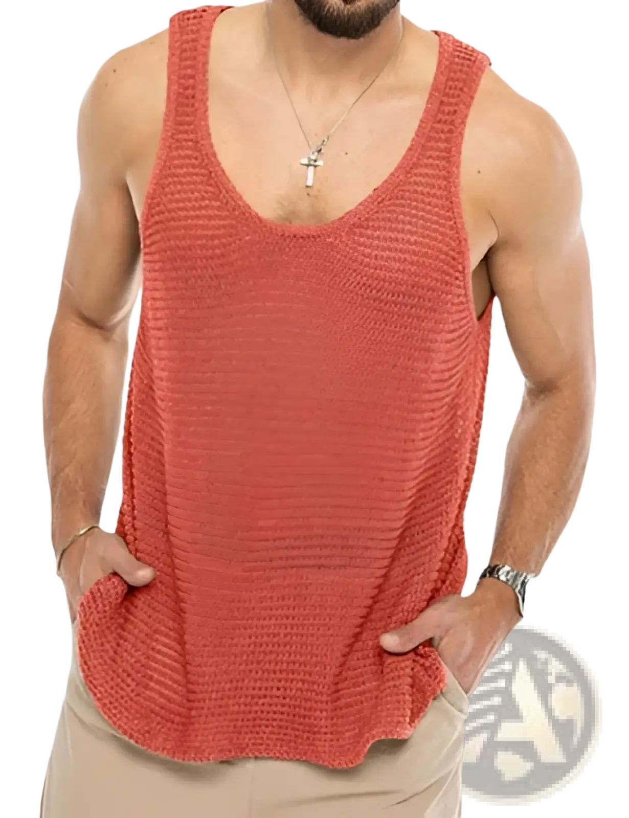 A coral-colored textured knitted men’s sleeveless vest with ribbed fabric and a v-neckline