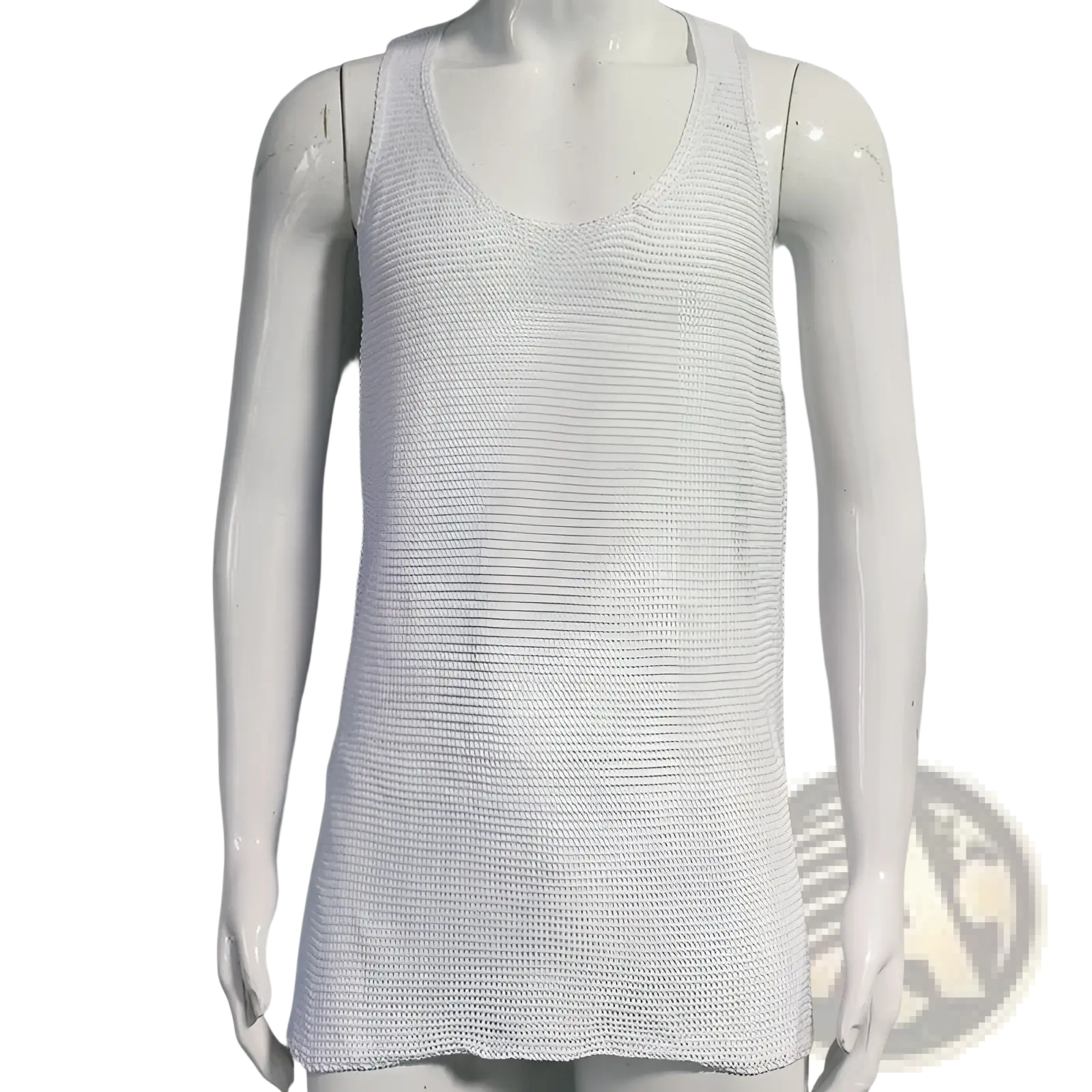 Men’s white ribbed knit sleeveless vest with a scoop neckline made of knitted fabric