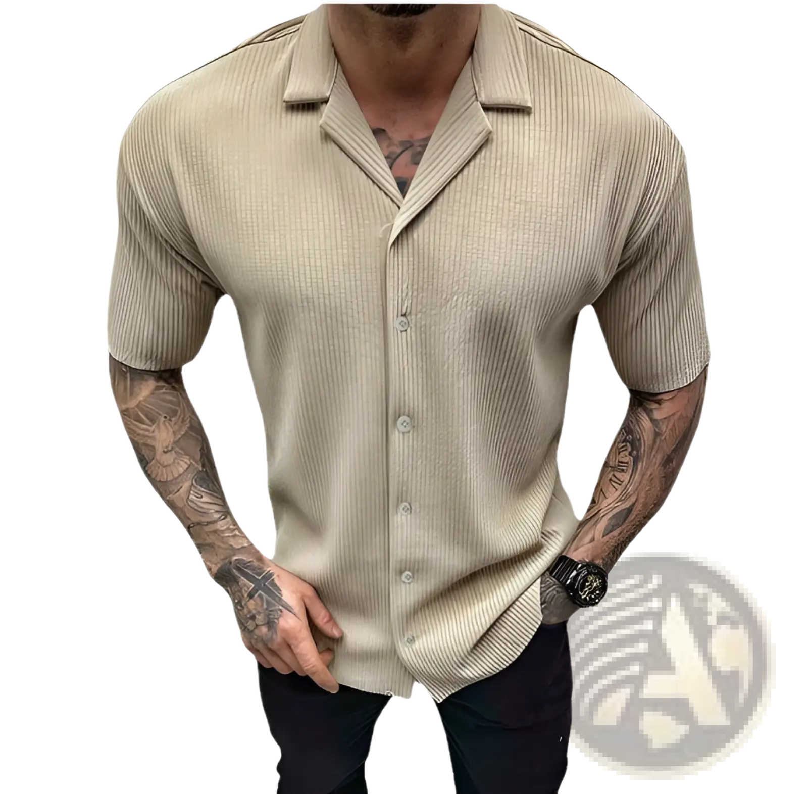 Beige ribbed knit short sleeve button up shirt for men with a classic collar and front button closure
