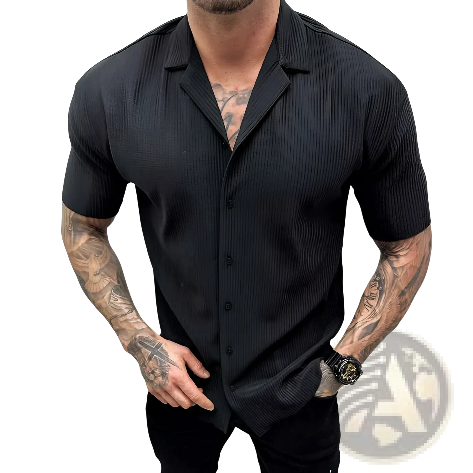 Men’s black ribbed knit short sleeve button up shirt with vertical texture for casual and semi-formal wear
