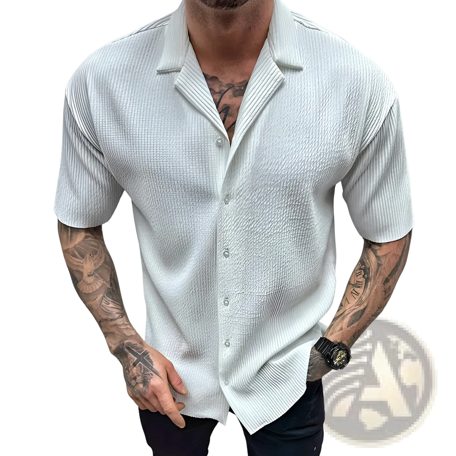 A crisp white men’s ribbed knit short sleeve button up shirt with textured fabric and a classic collar