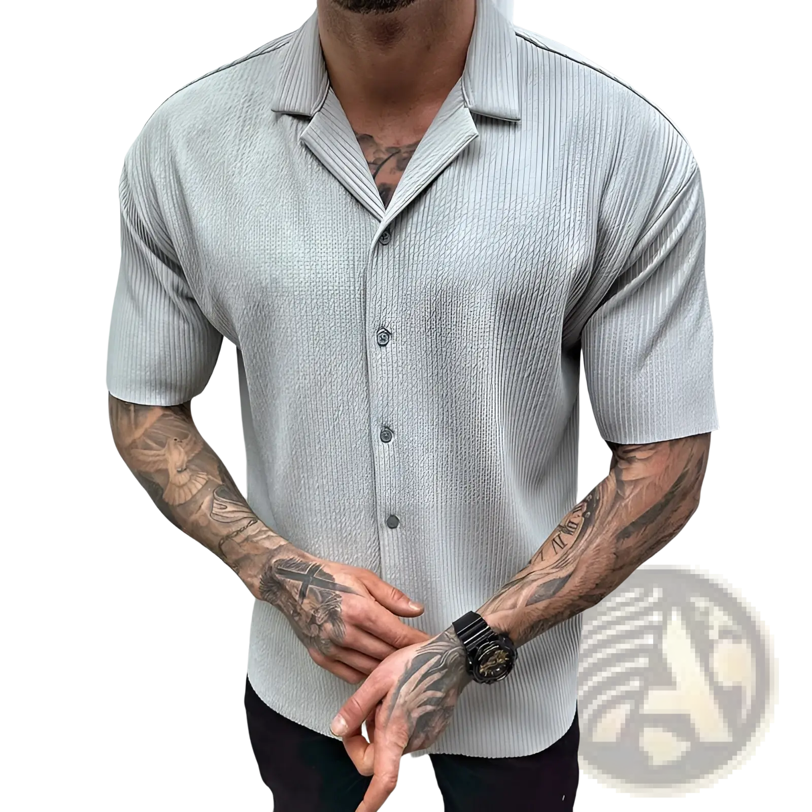 Light gray ribbed knit short sleeve button up shirt for men with collar and front buttons in a soft fabric