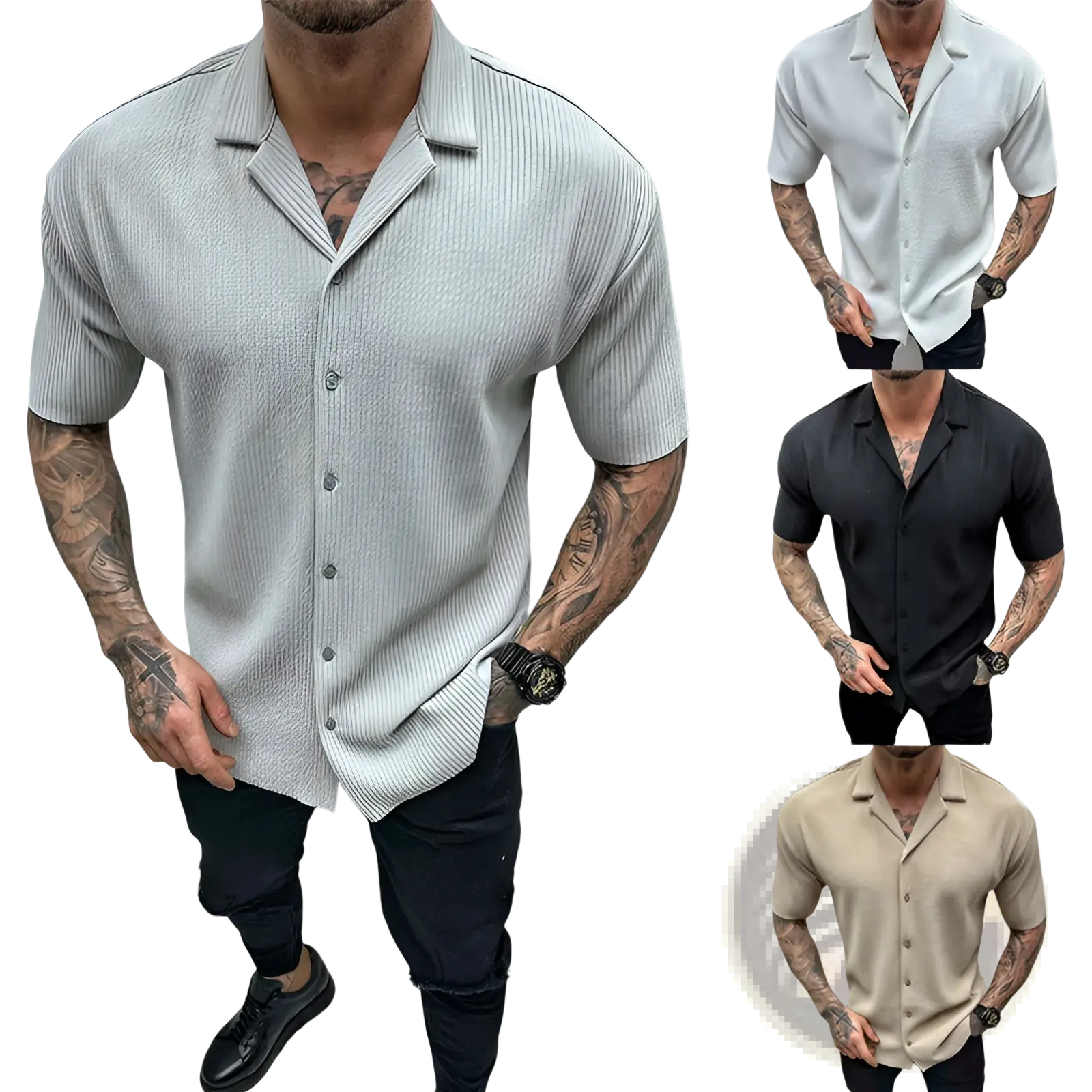 Light gray men’s ribbed knit short sleeve button up shirt with collar made from soft breathable fabric