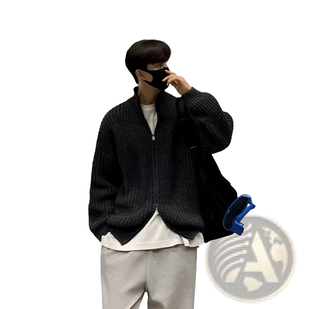 Men’s black ribbed knit zip-up sweater cardigan made of cozy knit fabric ideal for casual and layering wear