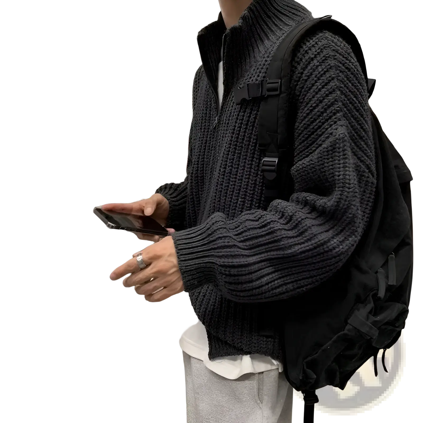 Dark gray ribbed knit zip up sweater cardigan for men featuring high collar and front zipper closure