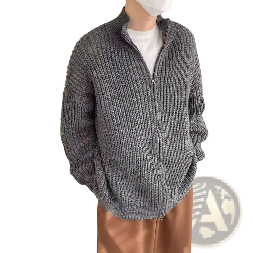 Men’s gray ribbed knit zip-up sweater cardigan made of soft knit material for casual and comfortable wear