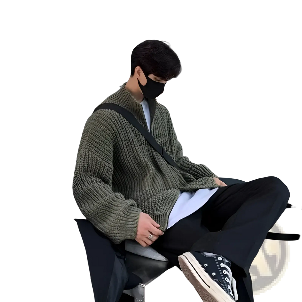 Men’s olive green ribbed knit zip up sweater cardigan made from soft knit fabric for casual and layering wear