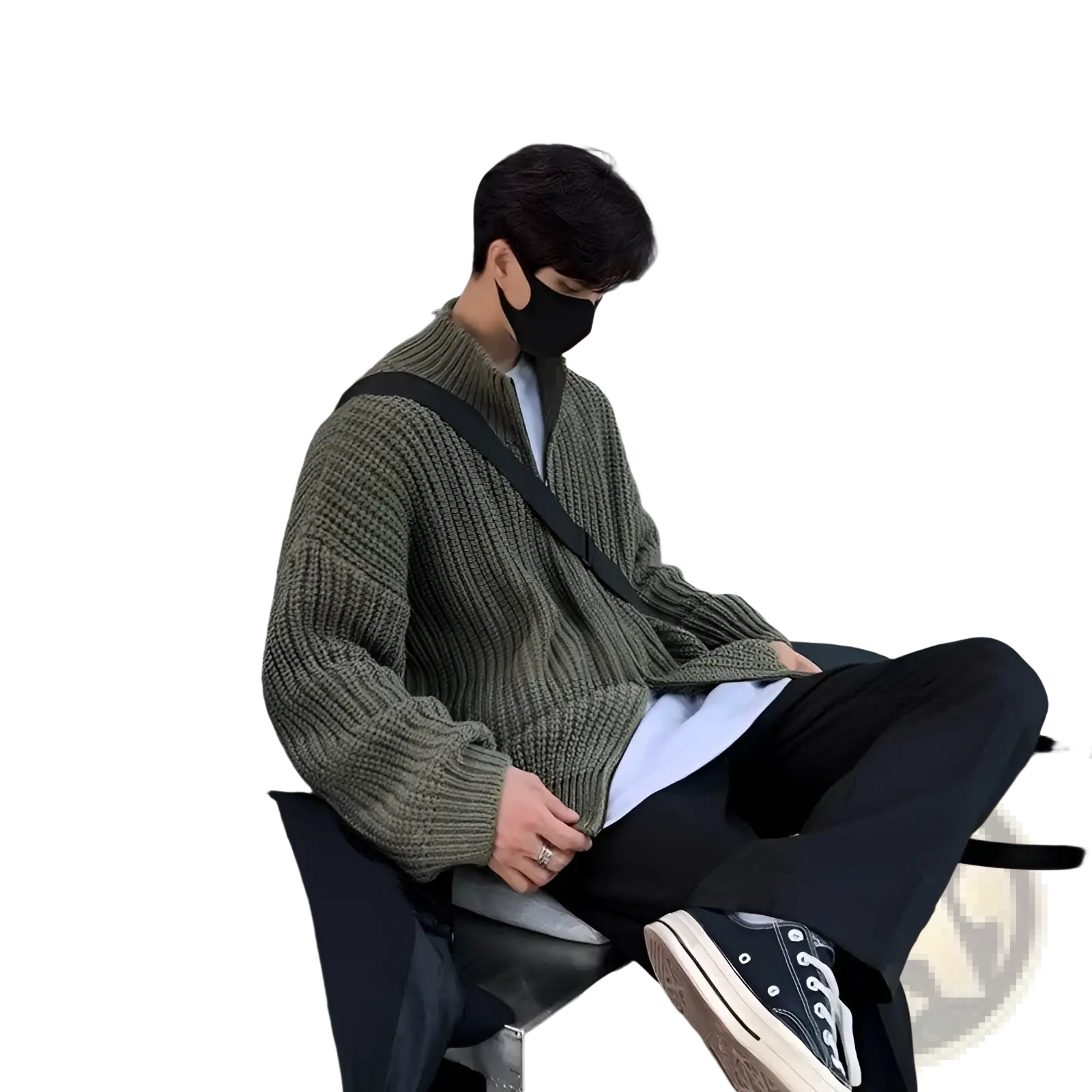 Men’s olive green ribbed knit zip up sweater cardigan made from soft knit fabric for casual and layering wear