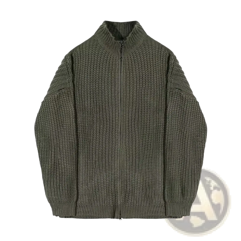 Men’s olive green ribbed knit zip-up sweater cardigan with high collar and textured pattern in front view
