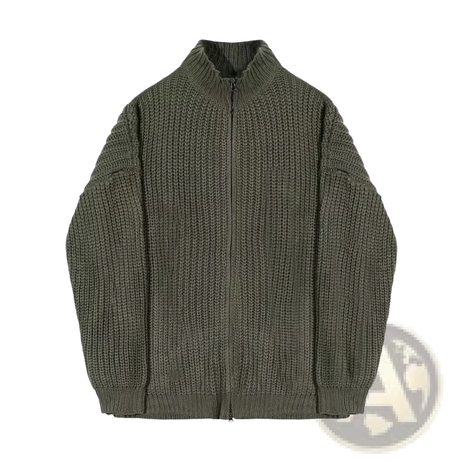 Men’s olive green ribbed knit zip-up sweater cardigan with high collar and textured pattern in front view