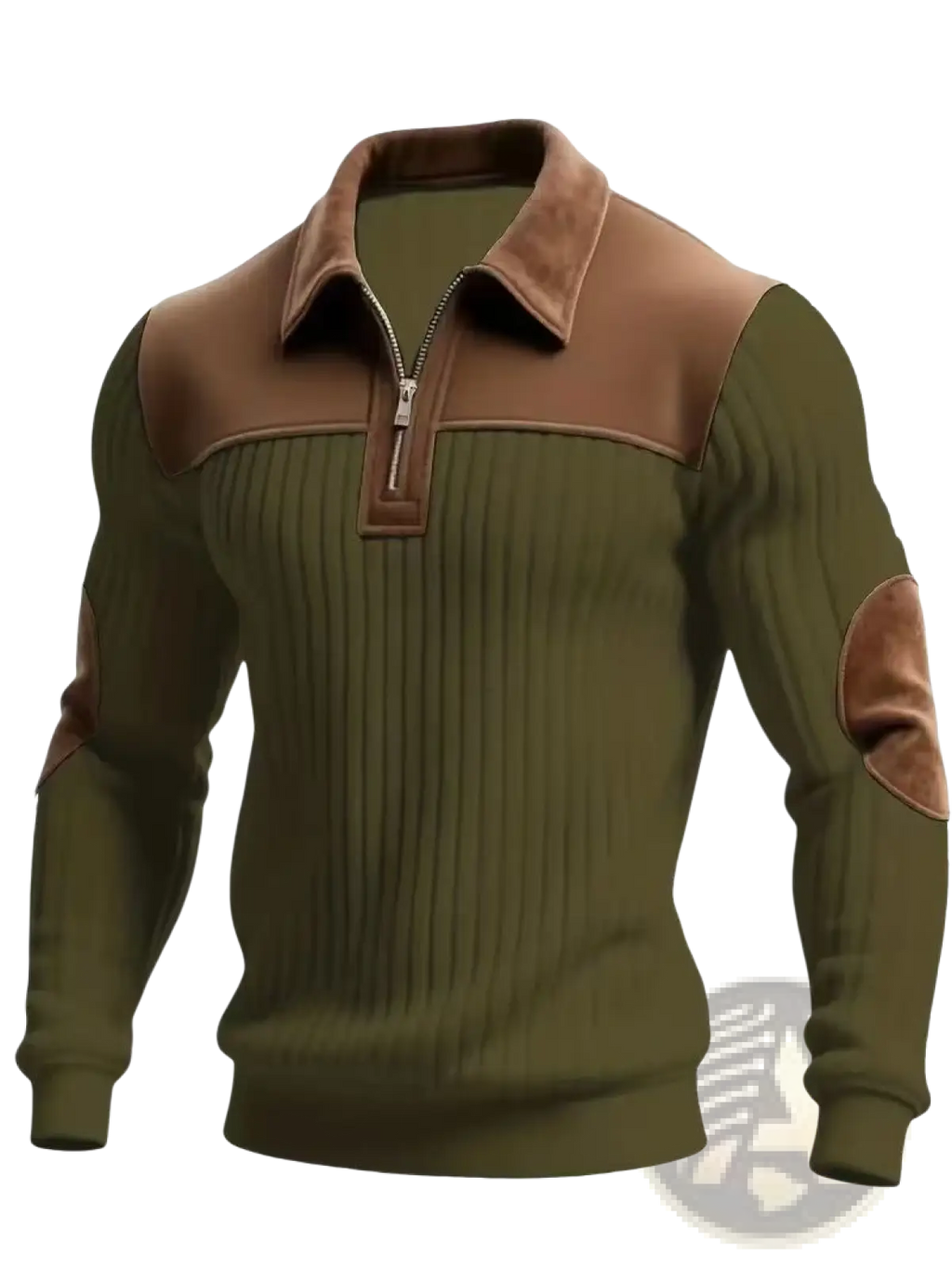 Men’s olive green ribbed half zip knit sweater with brown leather-like collar shoulder panels and elbow patches