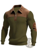 Men’s olive green ribbed half zip knit sweater with brown leather-like collar shoulder panels and elbow patches