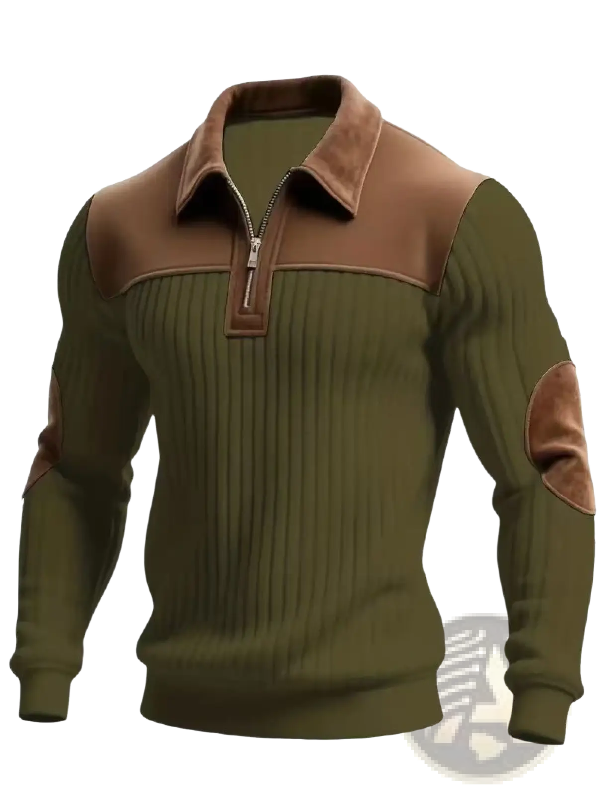Men’s olive green ribbed half zip knit sweater with brown leather-like collar shoulder panels and elbow patches