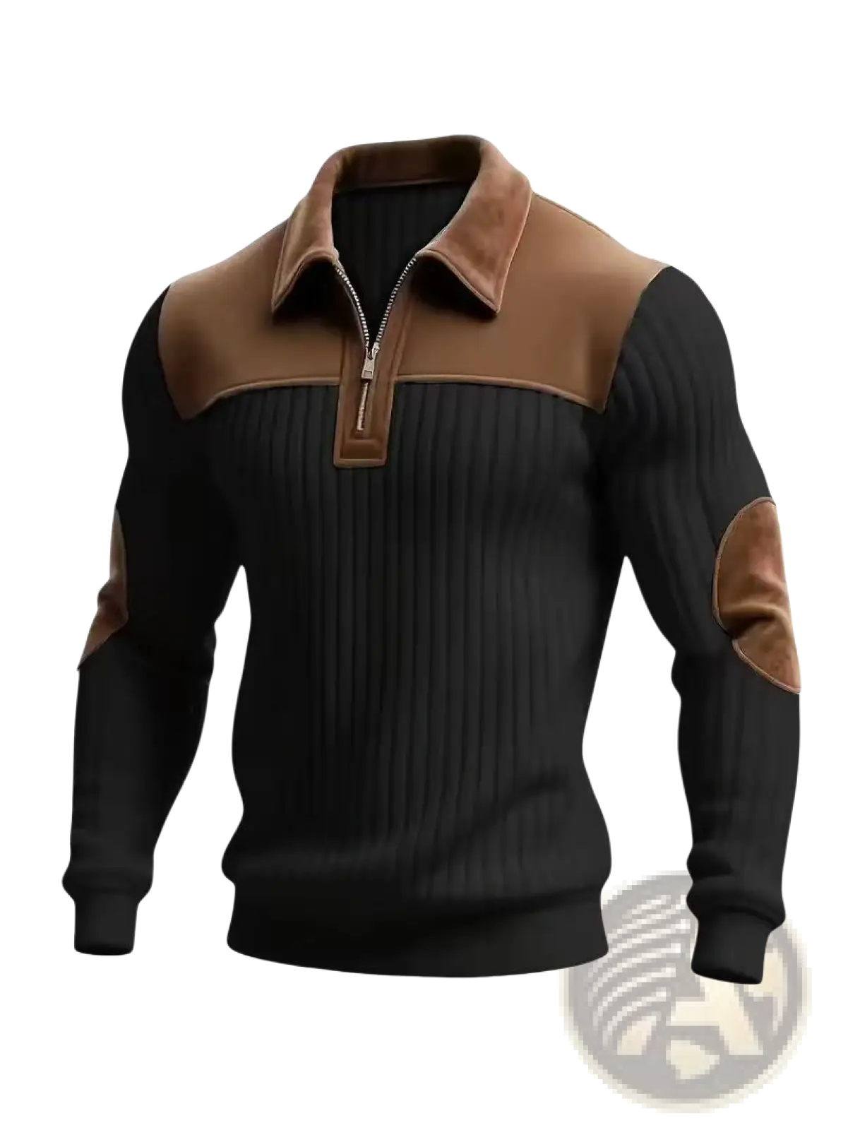 Men’s ribbed half zip knit sweater in black with brown suede collar shoulder panels and elbow patches