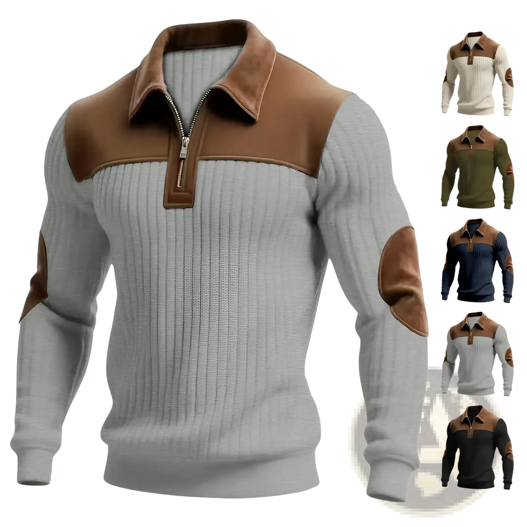 Men’s gray ribbed half zip knit sweater with brown suede collar and elbow patches made from soft knit fabric