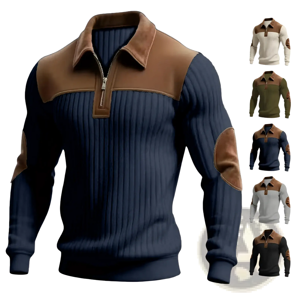 Men’s navy blue ribbed knit sweater with brown suede collar and elbow patches featuring a half zip design