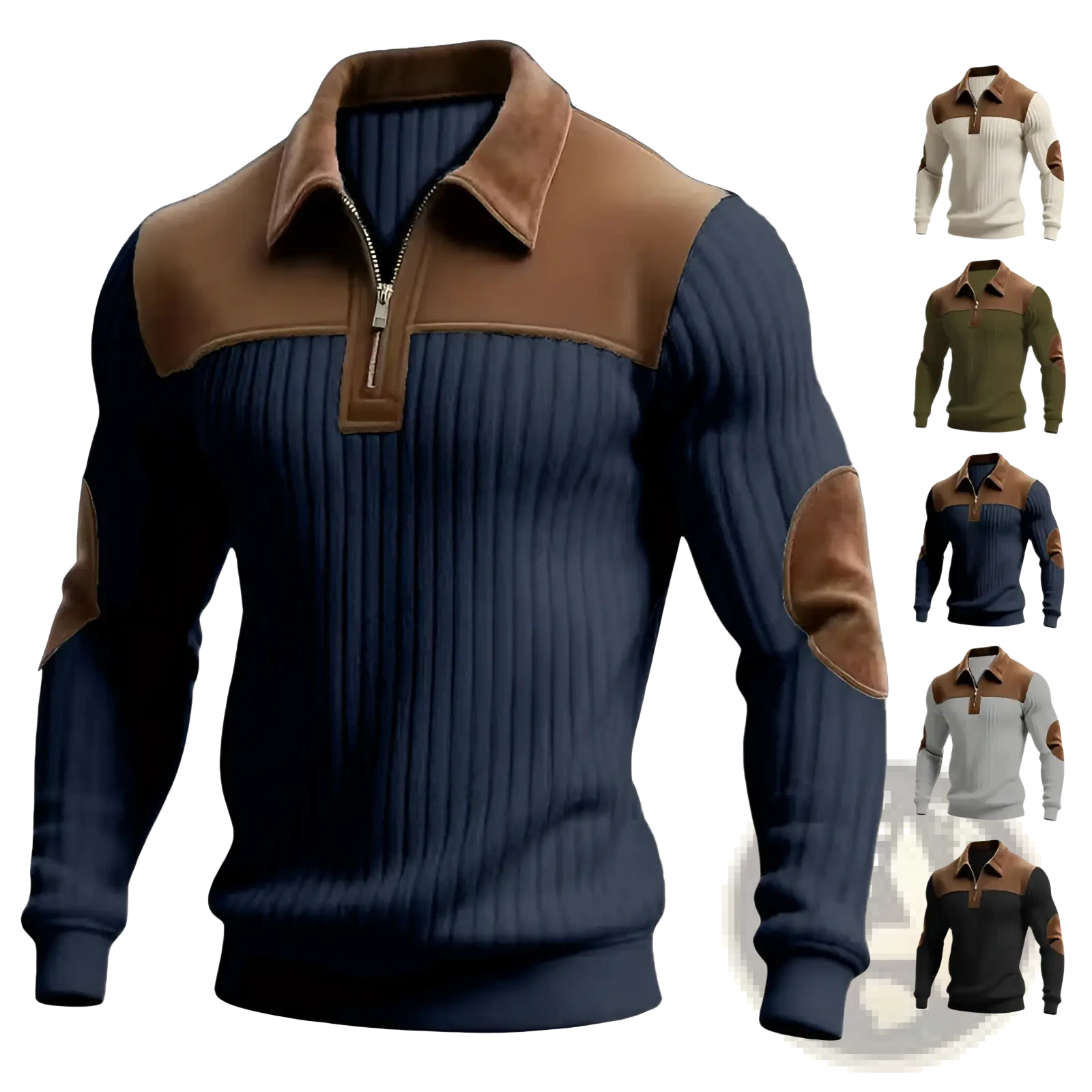 Men’s navy blue ribbed knit sweater with brown suede collar and elbow patches featuring a half zip design