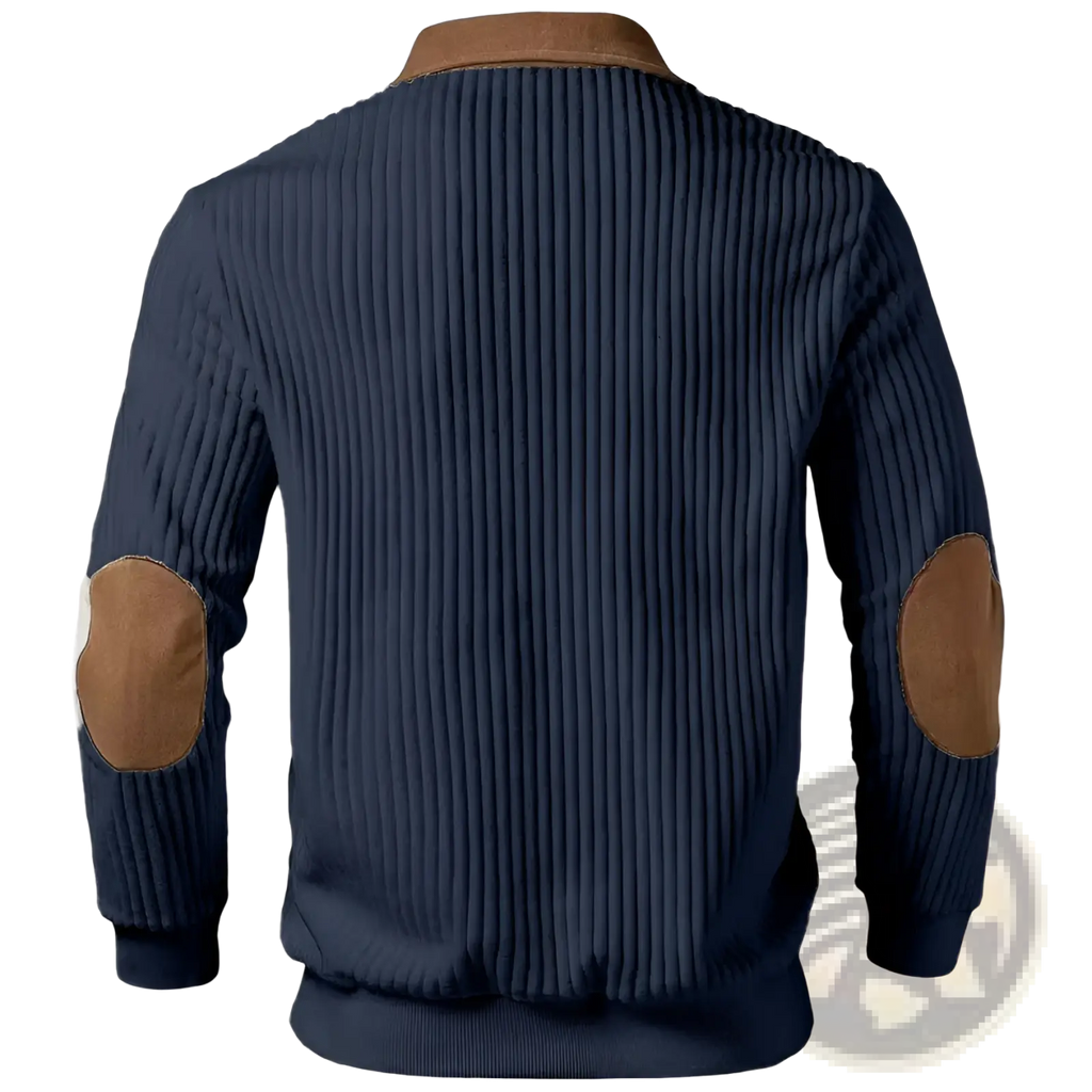 Men’s navy blue ribbed corduroy jacket with brown leather elbow and collar patches half zip knit sweater