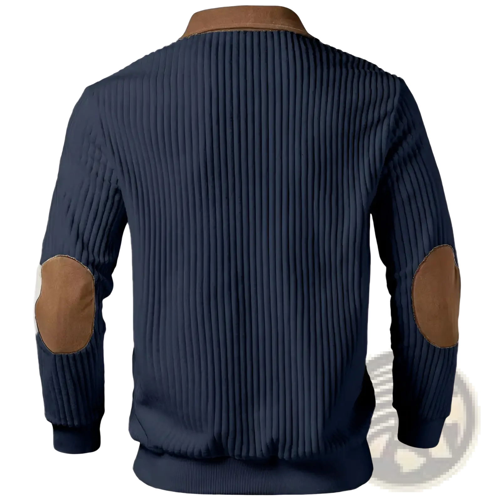 Men’s navy blue ribbed corduroy jacket with brown leather elbow and collar patches half zip knit sweater