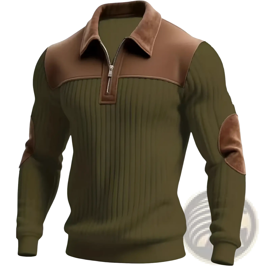 Men’s ribbed half zip knit sweater in olive green with brown leather collar shoulder panels and elbow patches
