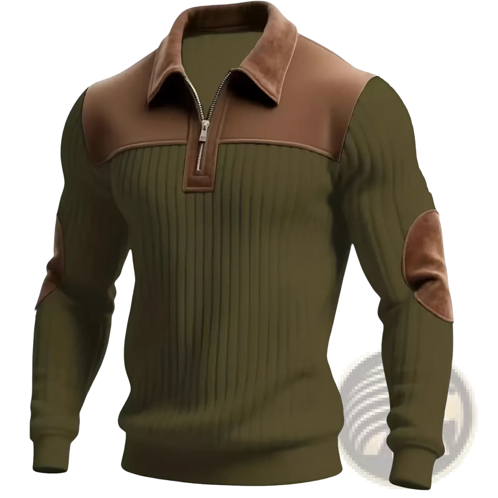Men’s ribbed half zip knit sweater in olive green with brown leather collar shoulder panels and elbow patches