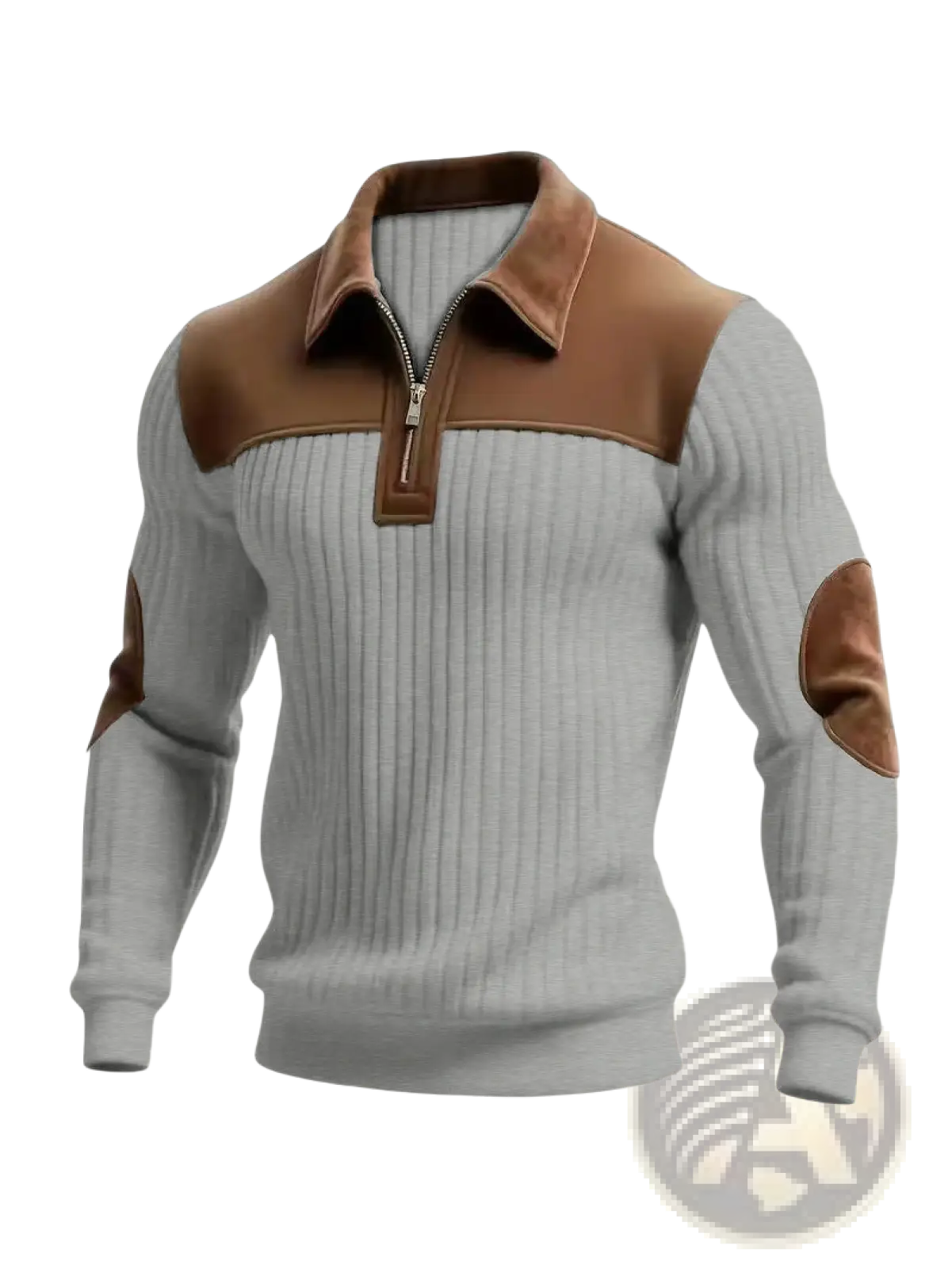 Men’s ribbed half zip knit sweater in gray with brown leather collar shoulders and elbow patches