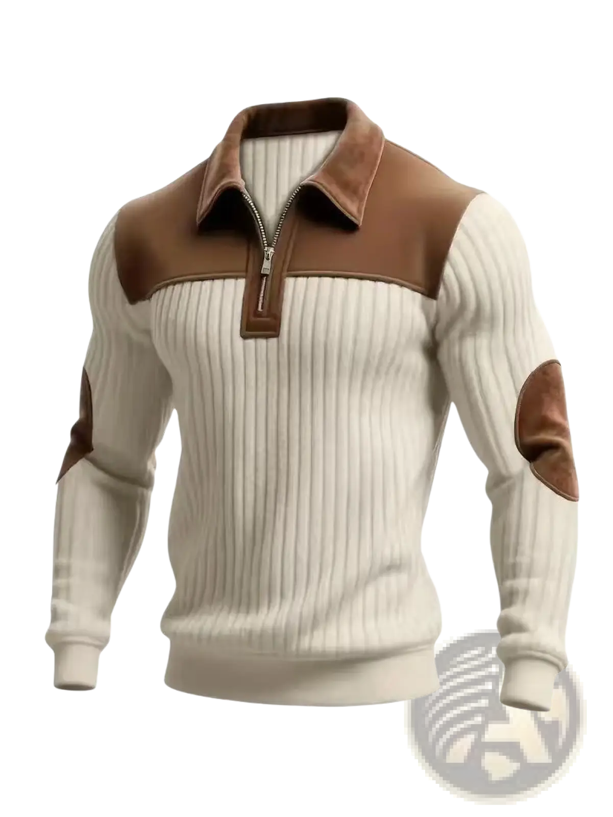 Men’s cream ribbed half zip knit sweater with brown suede collar shoulder panels and elbow patches