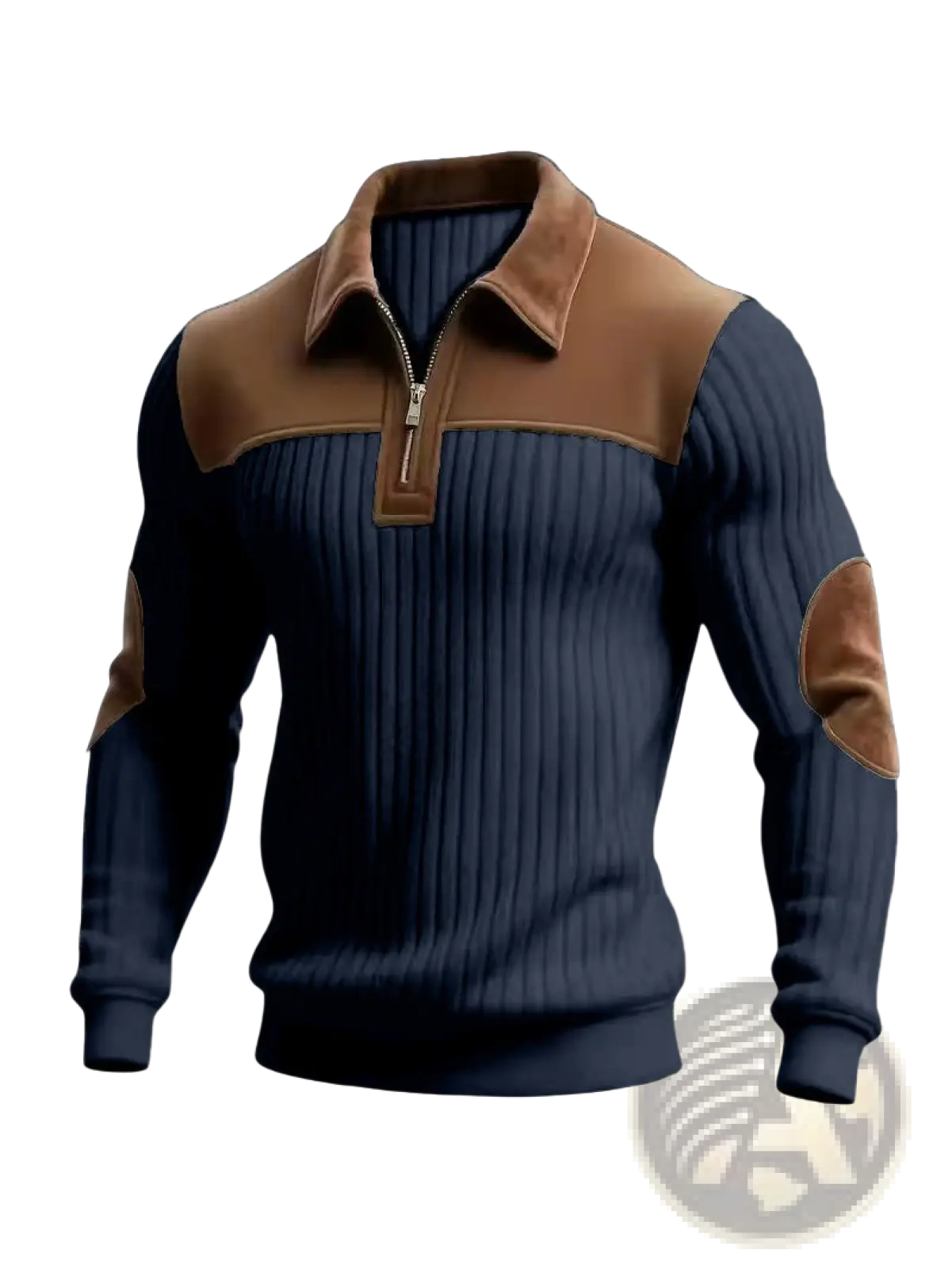 Men’s navy blue ribbed half zip knit sweater with brown suede collar shoulder panels and elbow patches