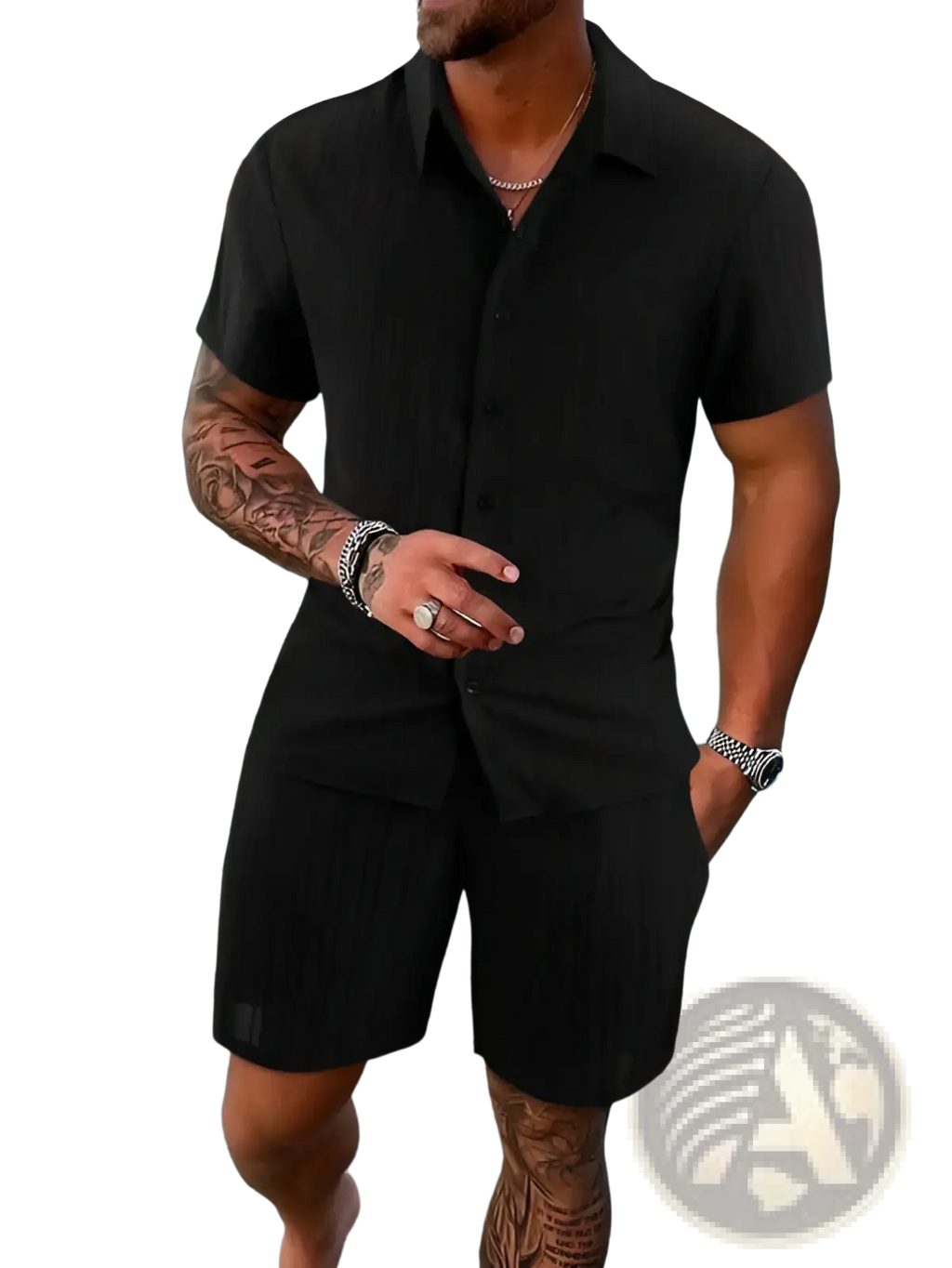 Men’s black ribbed short sleeve button-up shirt with collar made of smooth fabric for beach wear