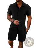 Men’s black ribbed short sleeve button-up shirt with collar made of smooth fabric for beach wear