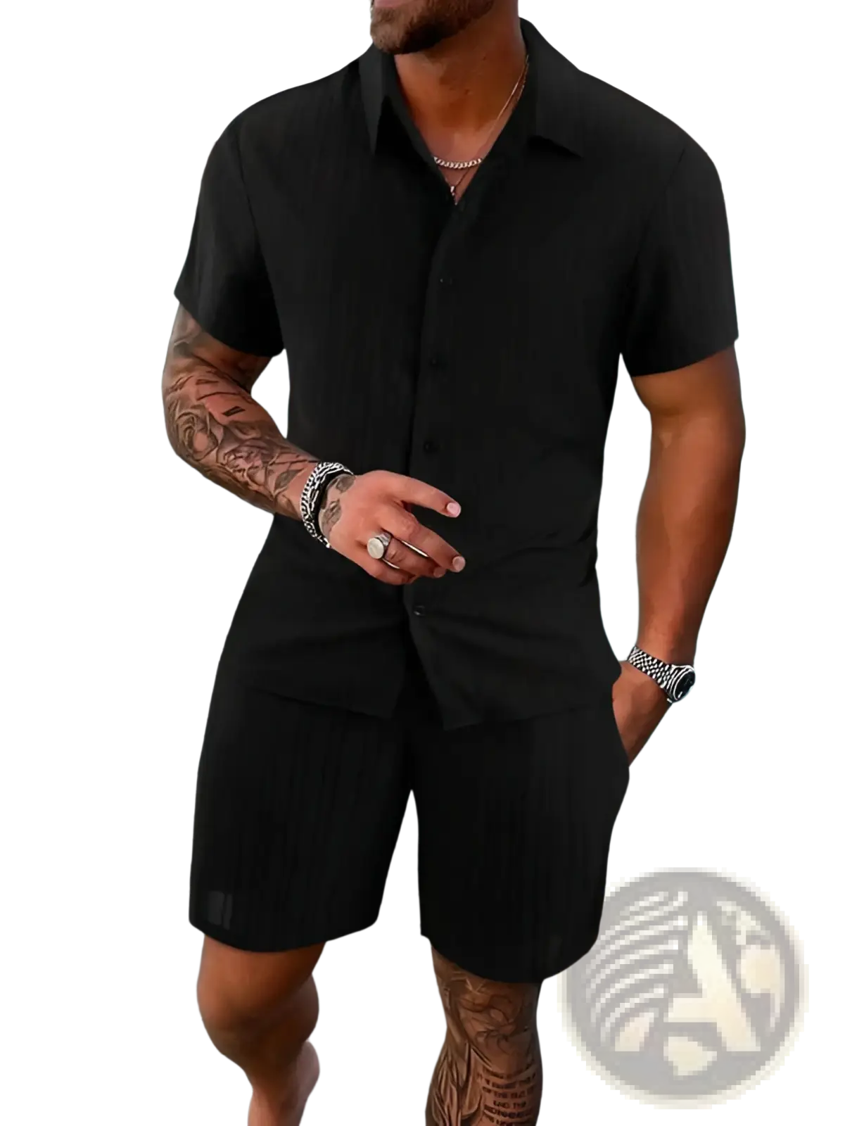 Men’s black ribbed short sleeve button-up shirt with collar made of smooth fabric for beach wear