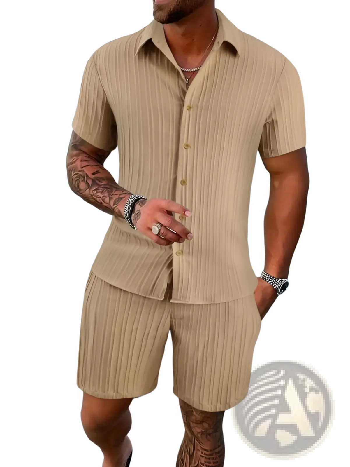 Men’s beige ribbed short sleeve button-up shirt and matching shorts set ideal for beachwear