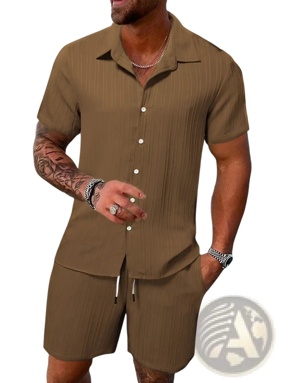 Men’s brown ribbed short sleeve button-up shirt and matching shorts set ideal for beachwear