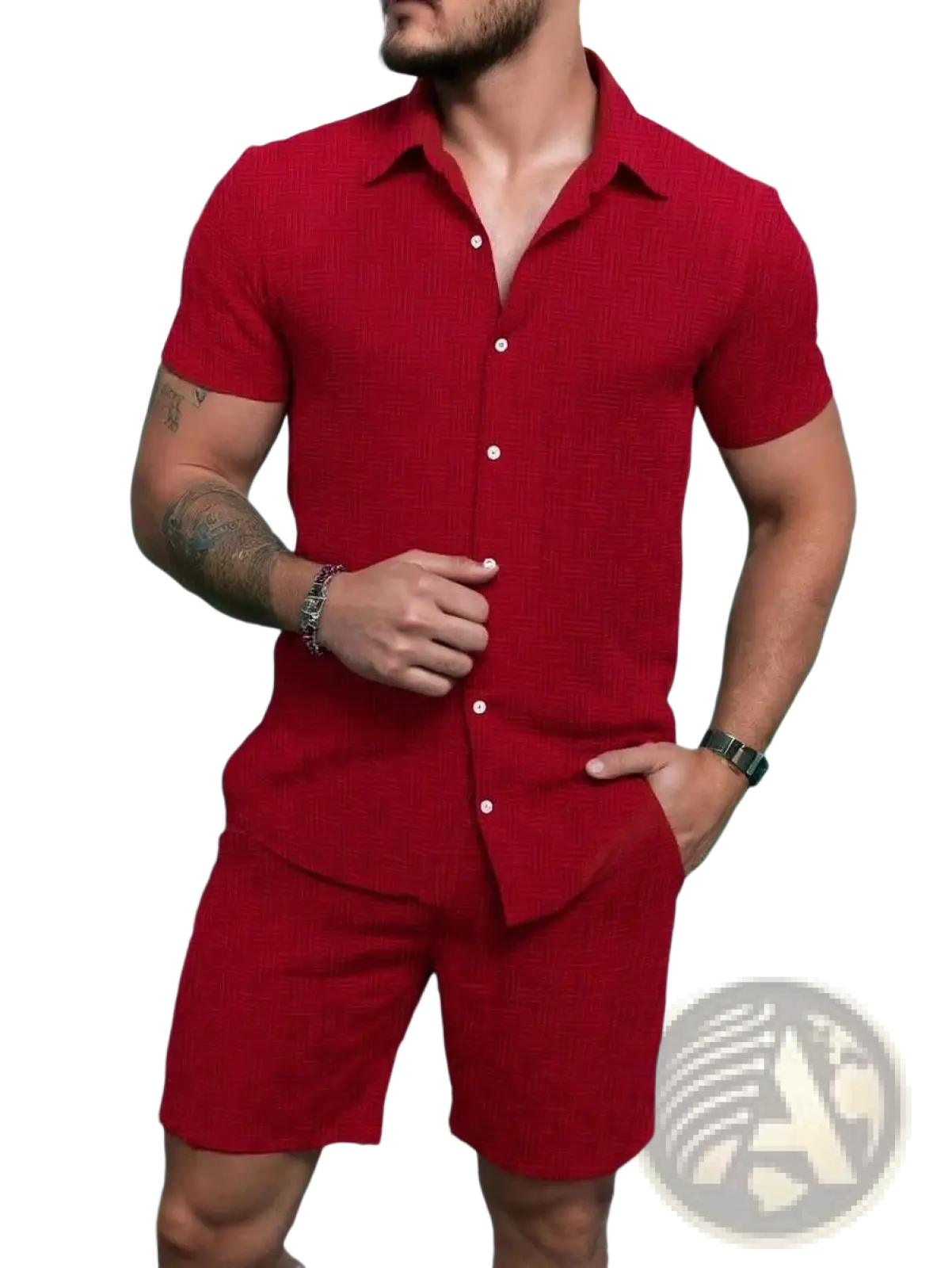 Men’s red ribbed short sleeve button-up shirt with subtle textured weave in a beach set with matching shorts