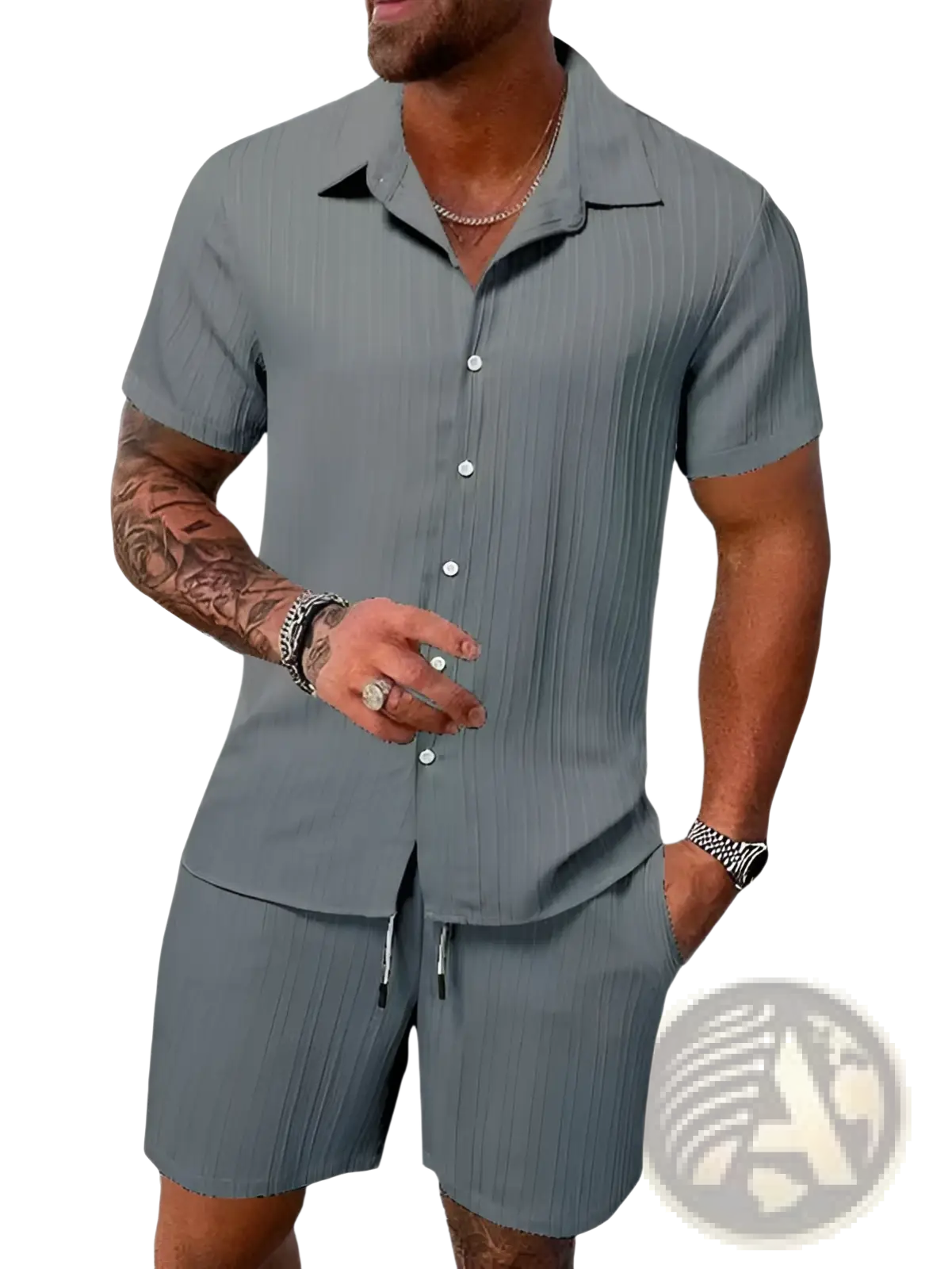 Men’s gray ribbed pinstripe short sleeve button-up shirt and matching shorts set for beachwear