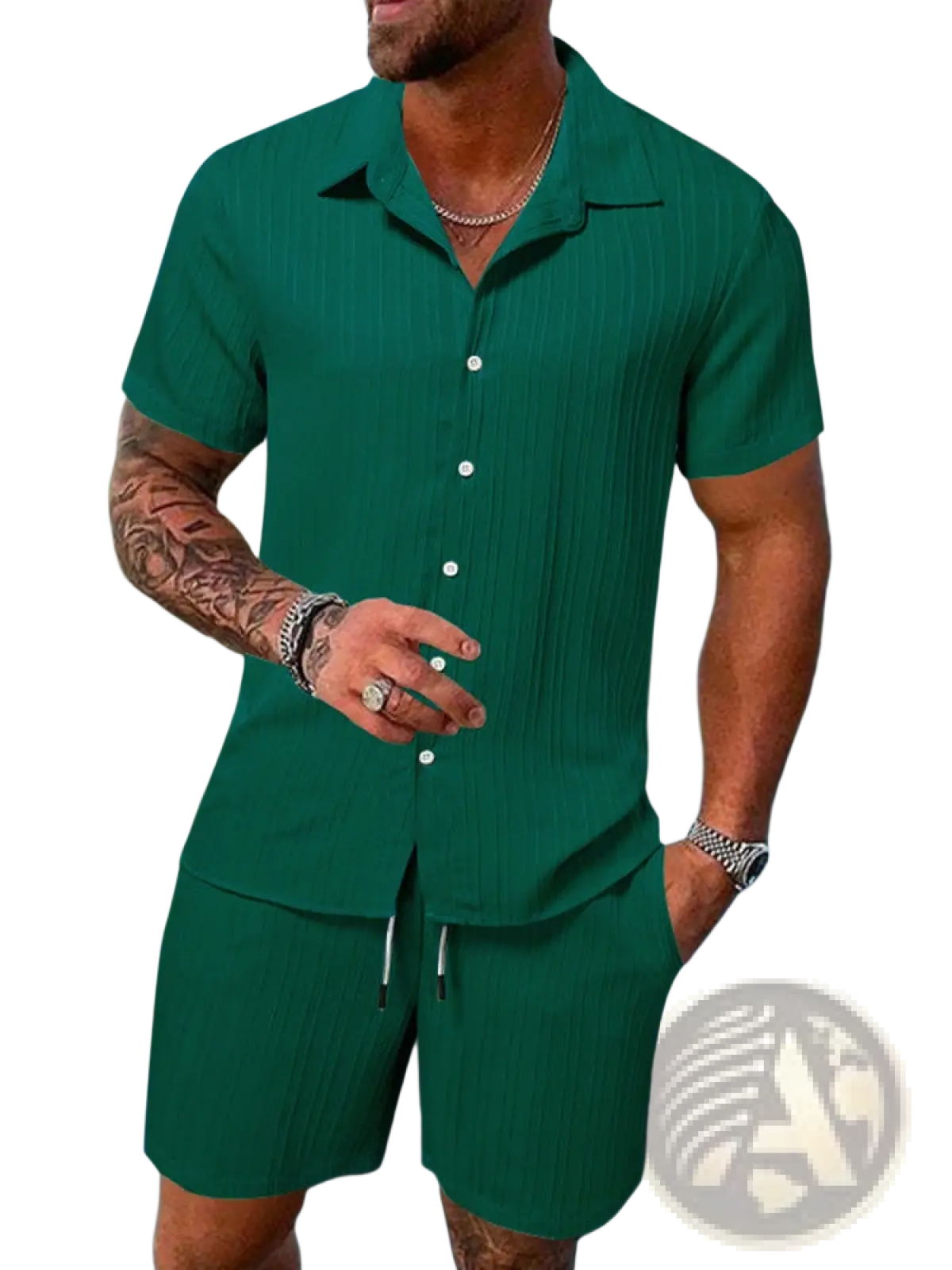 Men’s green ribbed short sleeve button-up shirt with matching shorts beach set in a casual fabric