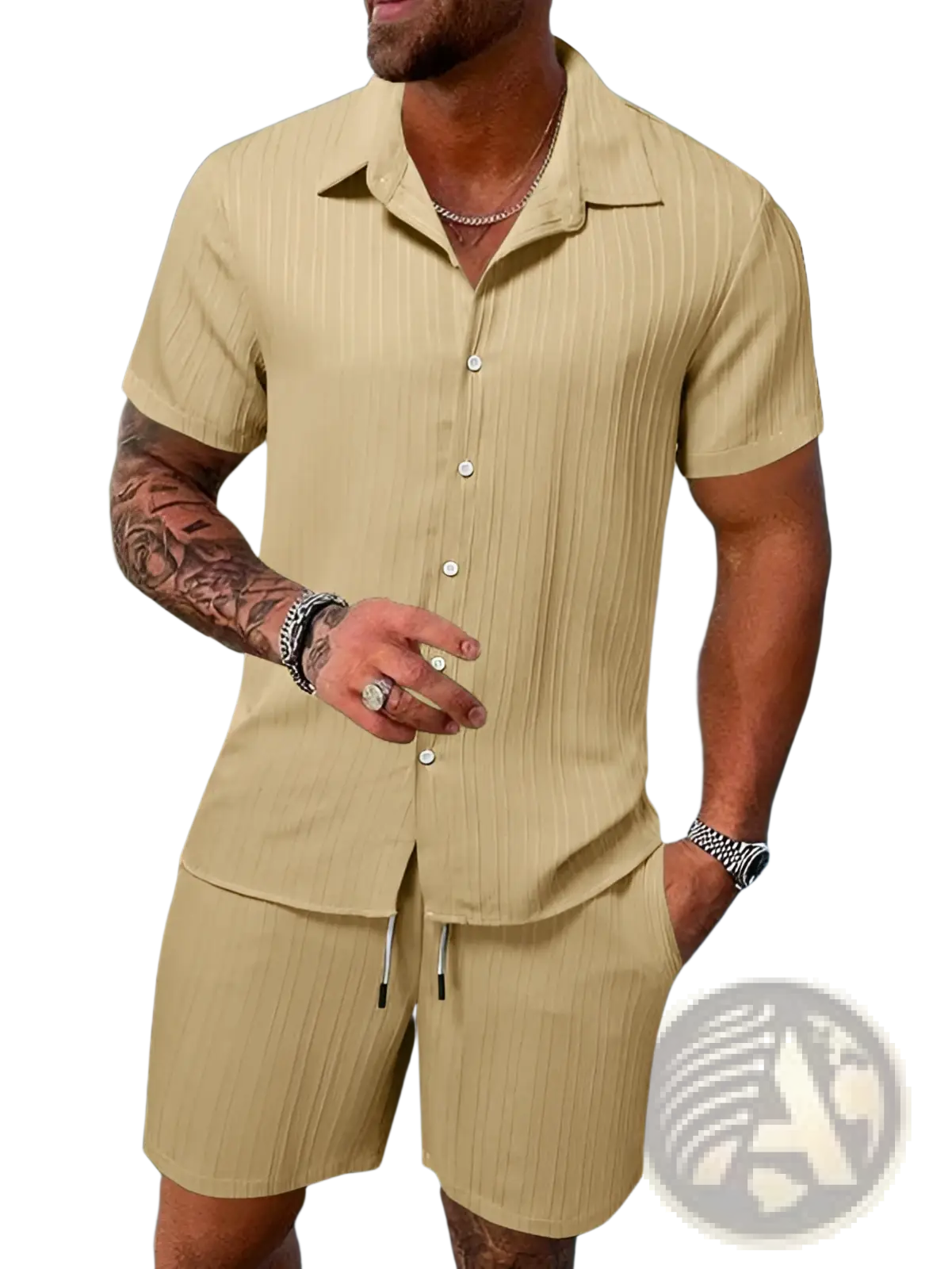 Beige men’s ribbed short sleeve button-up shirt with vertical texture part of a beach set with shorts