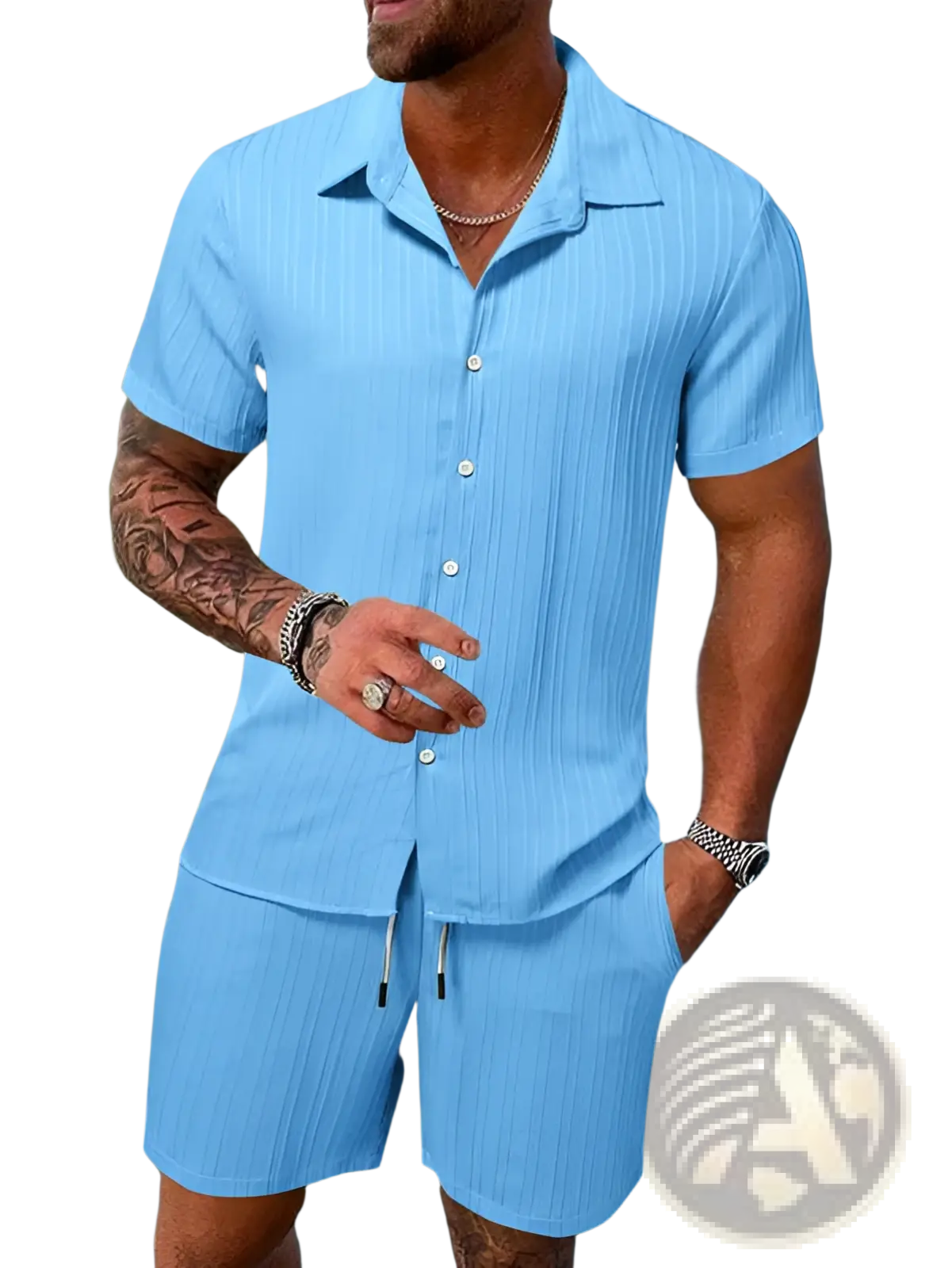 Men’s light blue ribbed short-sleeved button-up shirt and matching shorts beach set made of breathable fabric