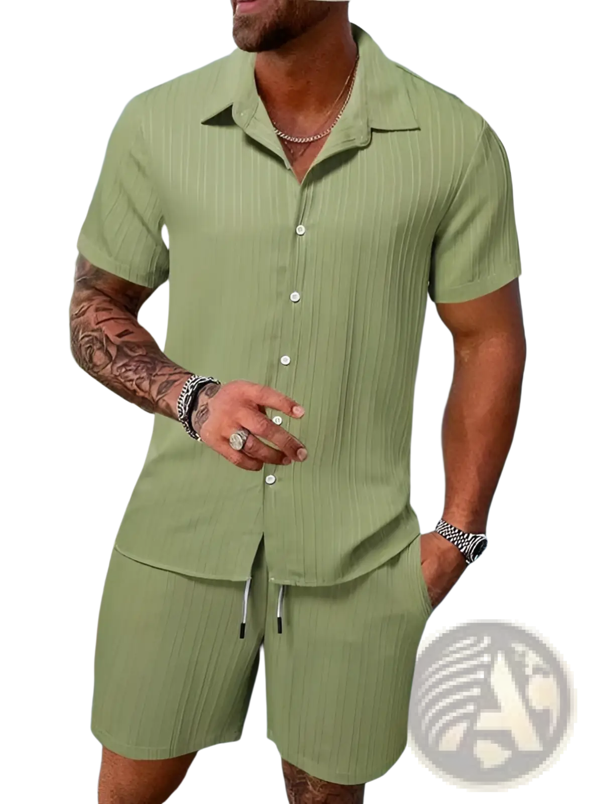 A man wearing a matching olive green ribbed short sleeve shirt and shorts beach set made of textured fabric