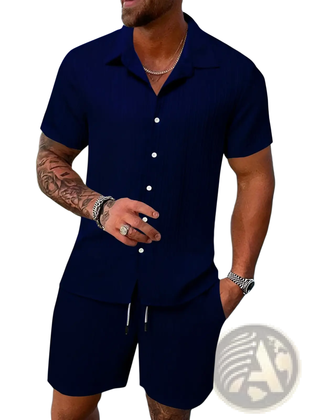 Men’s navy blue ribbed short sleeve button-up shirt with collar and matching shorts beach set front view