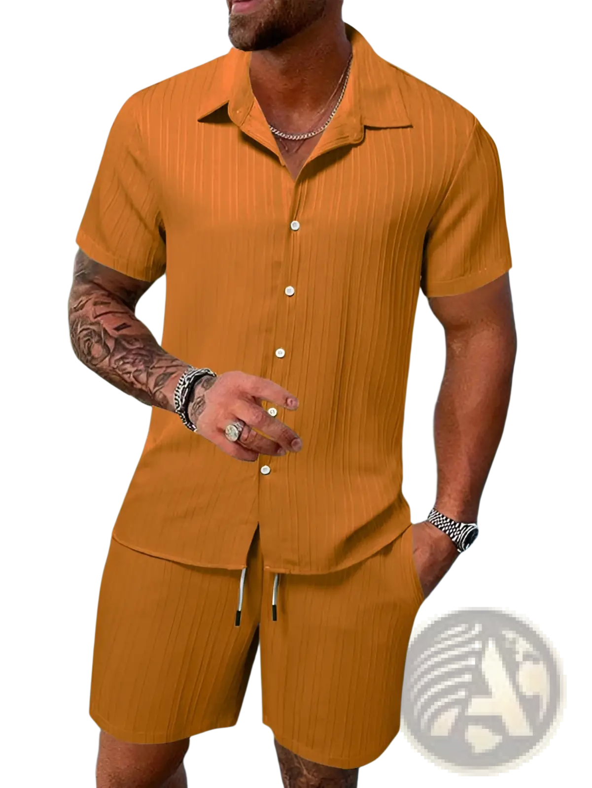 Men’s orange ribbed short sleeve button-up shirt and matching shorts beach set in lightweight fabric
