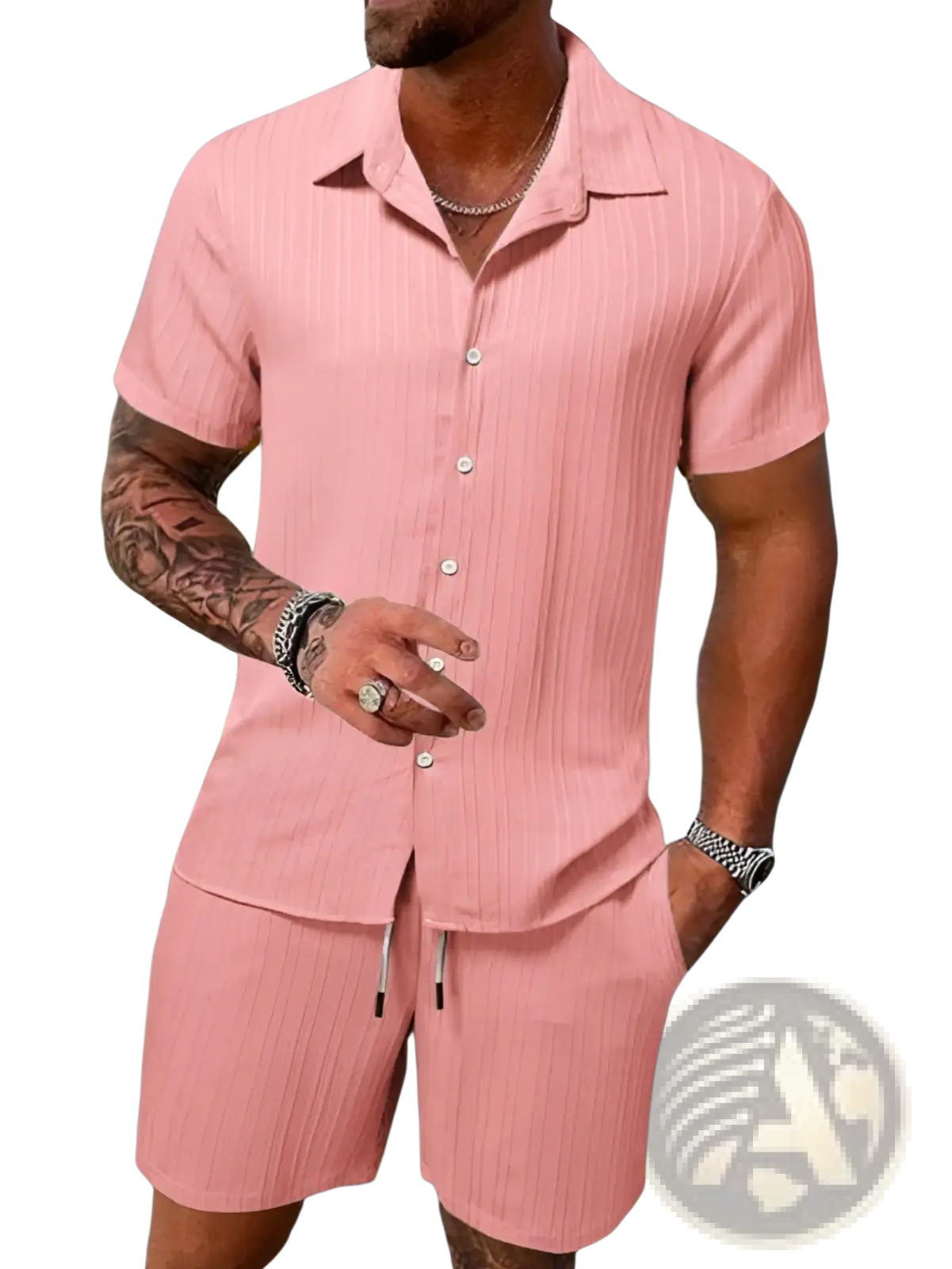 Men’s ribbed pink striped short sleeve button-up shirt and matching shorts set for beachwear
