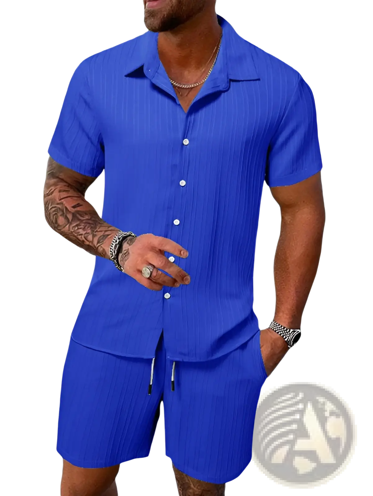 Men’s royal blue ribbed short sleeve button-up shirt made of textured fabric, part of a beach set with shorts