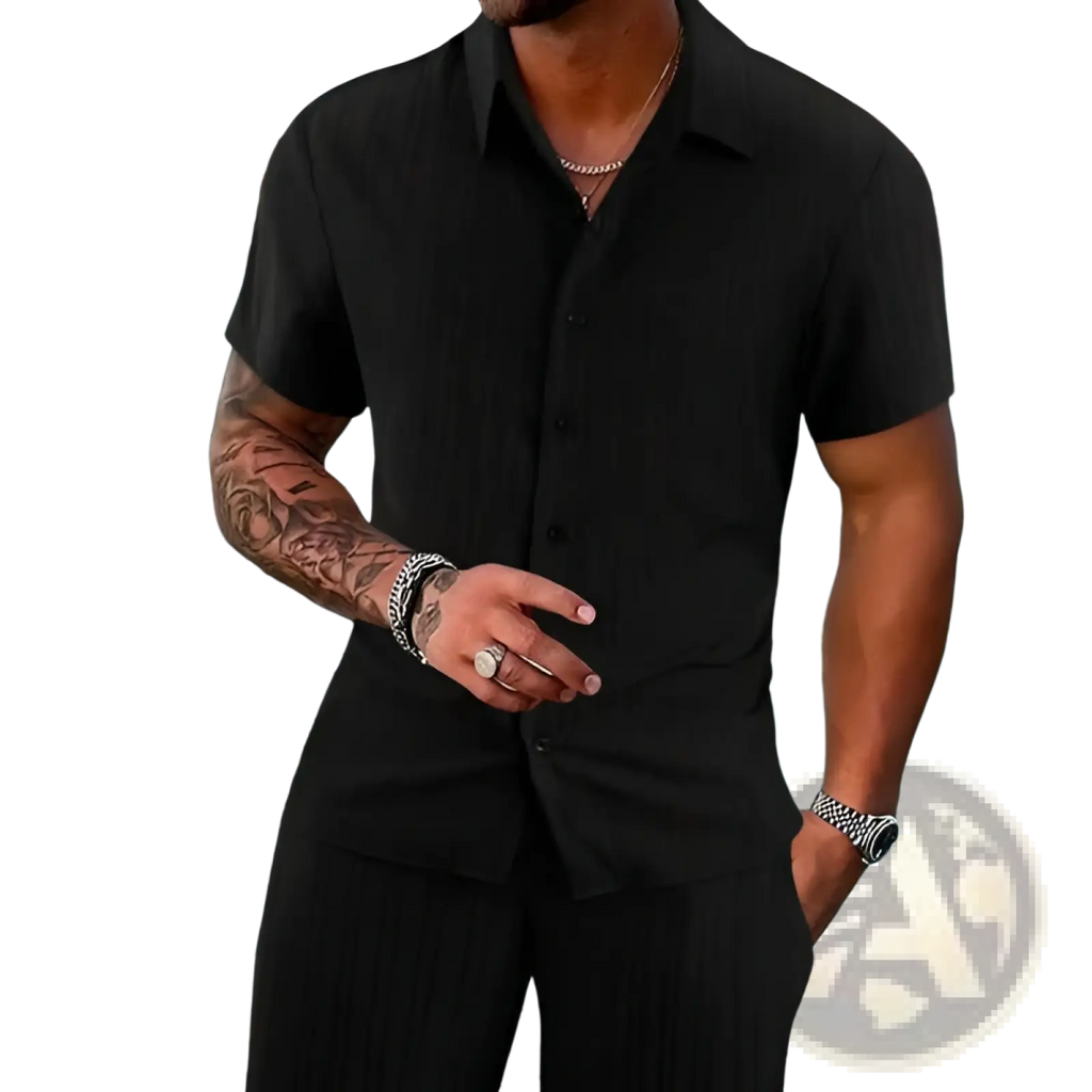 Men’s black ribbed short-sleeved button-up shirt with collar and subtle texture from beach set