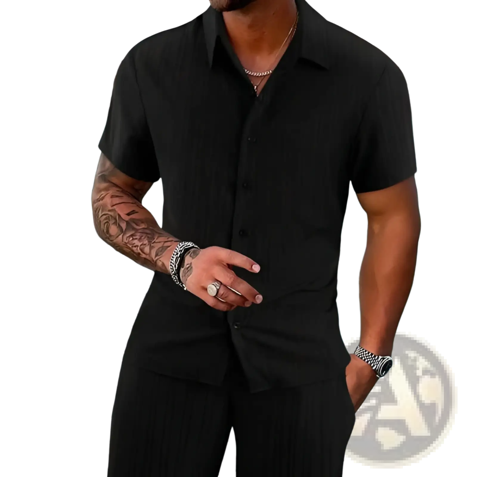 Men’s black ribbed short-sleeved button-up shirt with collar and subtle texture from beach set