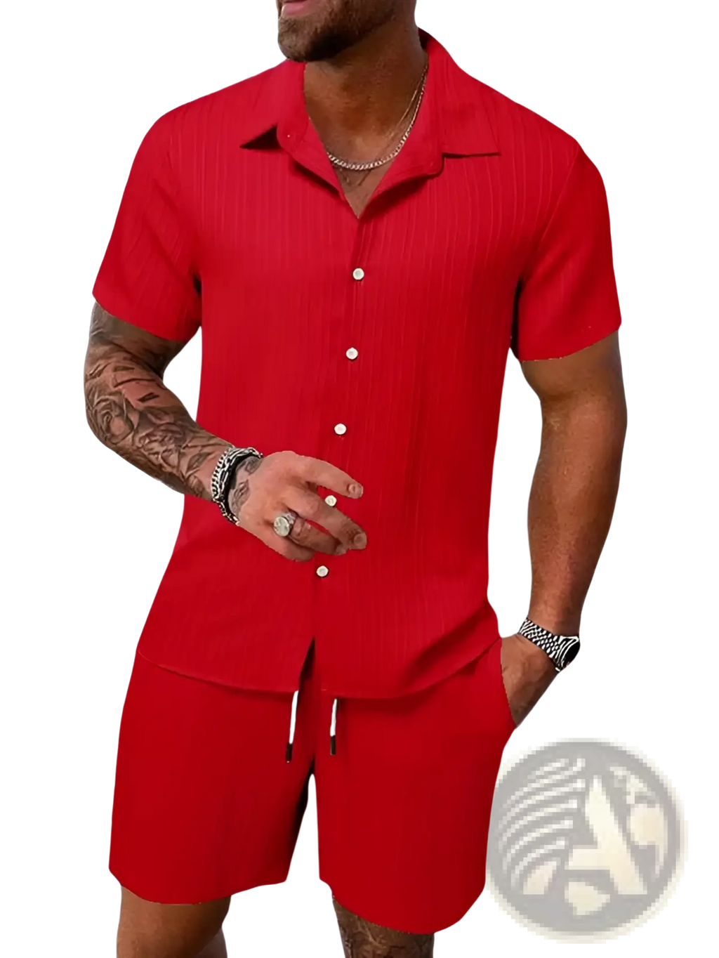 Men’s red ribbed short-sleeve button-up shirt made of textured fabric from beach set with shorts