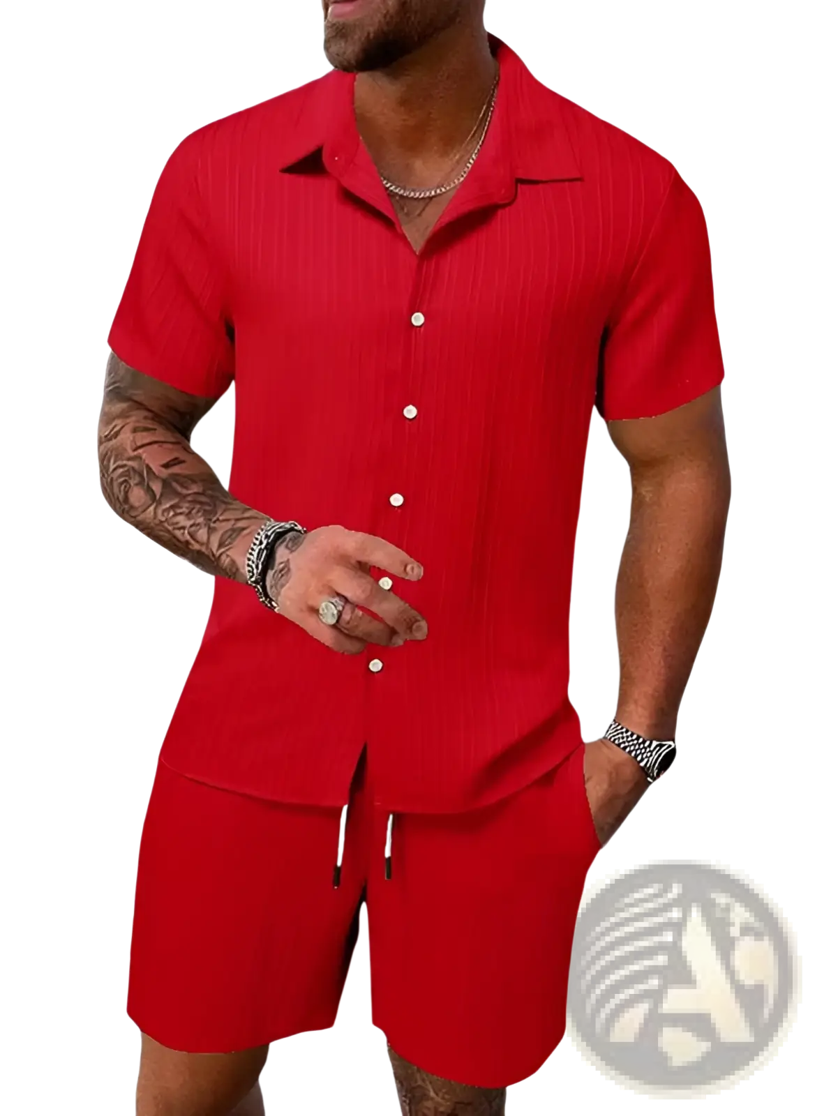 Men’s red ribbed short-sleeve button-up shirt made of textured fabric from beach set with shorts