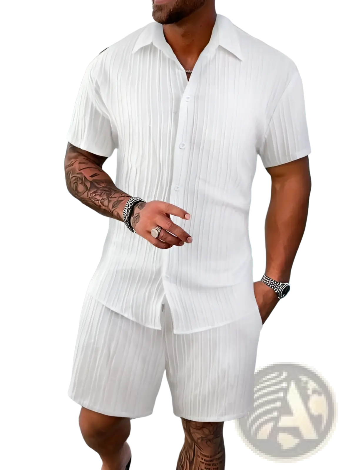 Men’s white ribbed short sleeve button-up shirt made of lightweight fabric for beach and casual wear