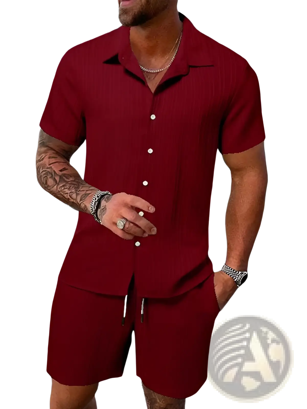 Men’s maroon ribbed short sleeve button-up shirt and matching shorts beach set in vertical texture material